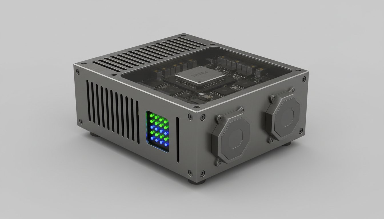 BLADE-AGENT-HSM hardware render: a compact machined-metal enclosure with a glass-top inspection window exposing the internal PCB and central secure microcontroller, a finned side vent, a recessed tri-colour status LED matrix glowing green and blue, and two octagonal sealed connectors on the front face.