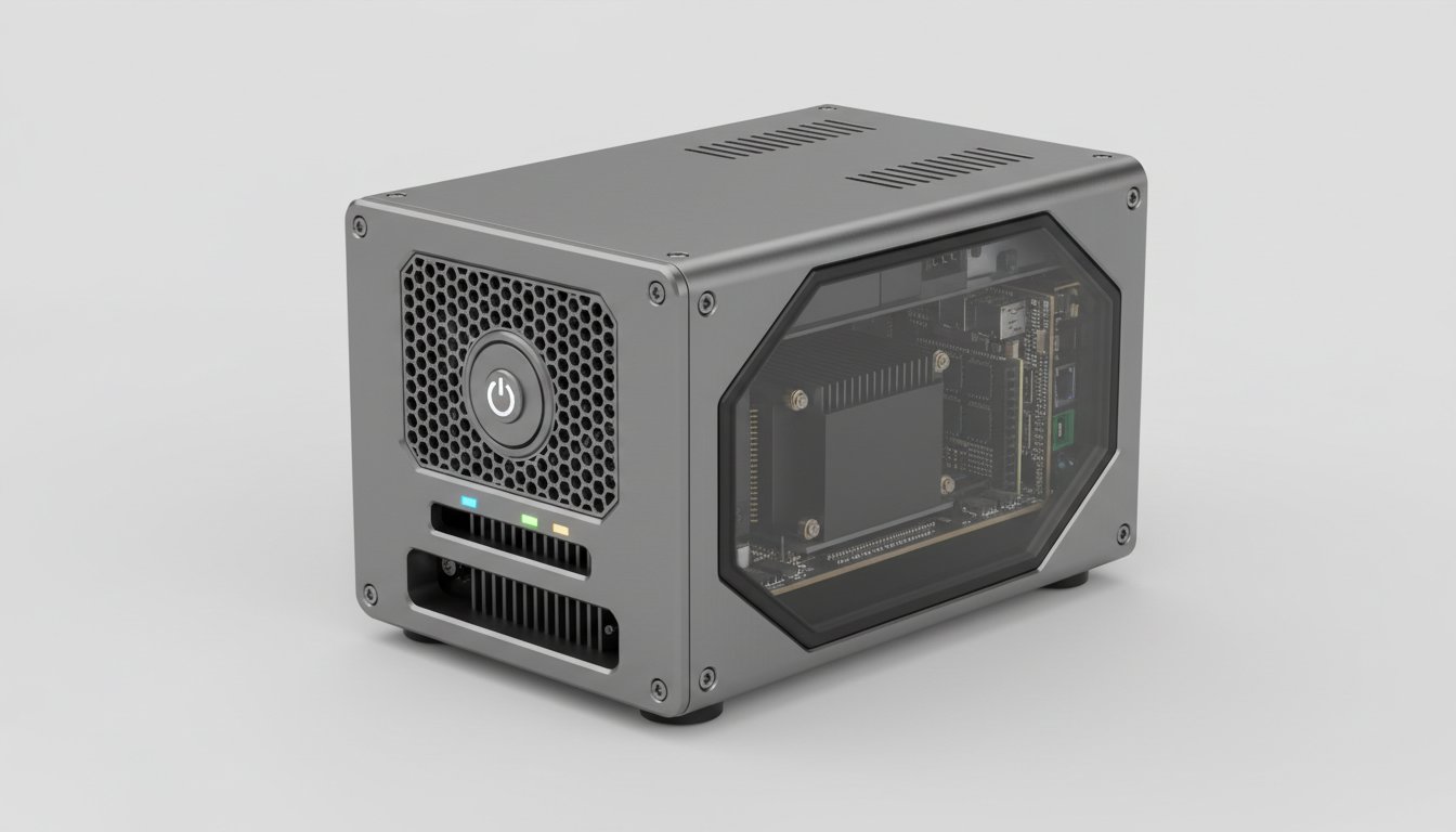 BLADE-CUAS Governance Node hardware render: a compact transportable metal enclosure with a hexagonal mesh intake, power button, three status LEDs, and a viewing window exposing the internal Jetson AGX Orin and Kria K26 compute boards.