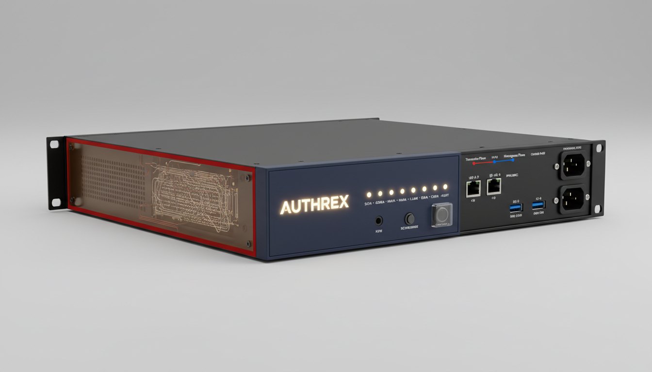 BLADE-FINANCE Governance Node reference design: a 1U rack-mount authority appliance with a governance plane, an inference plane, a host security plane, and a hardware security module.