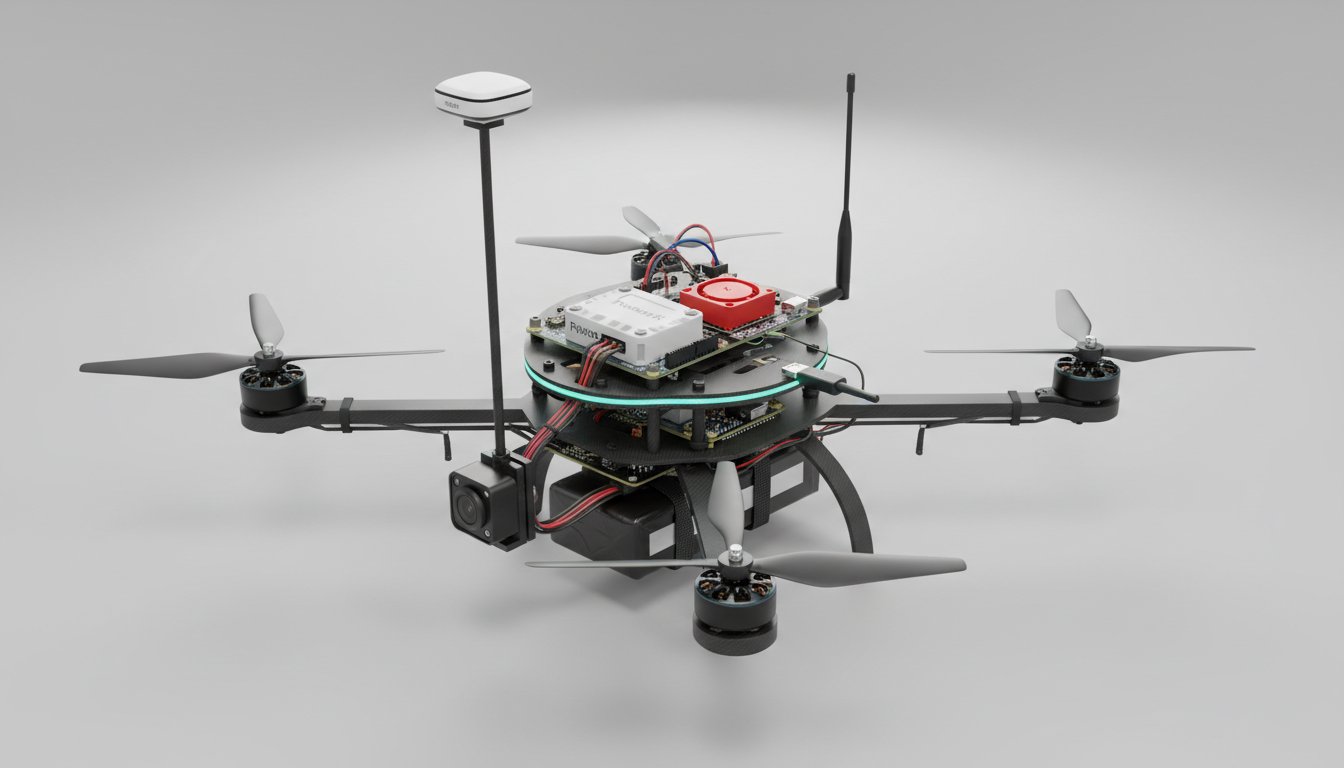 BLADE-SWARM reference node: a Holybro X500 V2 quadrotor carrying a Pixhawk 6X flight controller, a Raspberry Pi 5 companion computer, a LoRa mesh radio with a top-mounted whip antenna, a GPS module on a mast, and a status LED ring on the centre plate